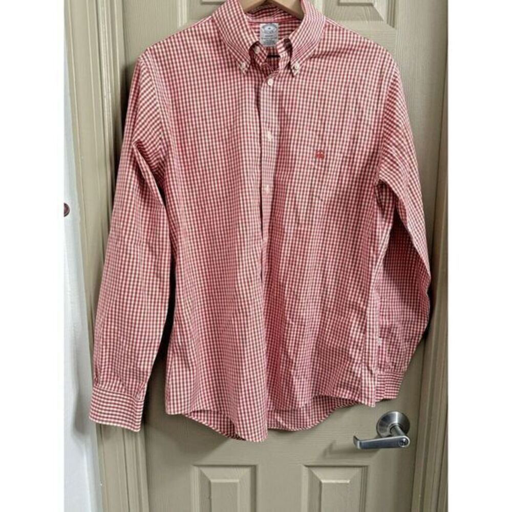 Brooks Brother Men Medium Red Gingham Check Regent Button-Down Long Sleeve Shirt